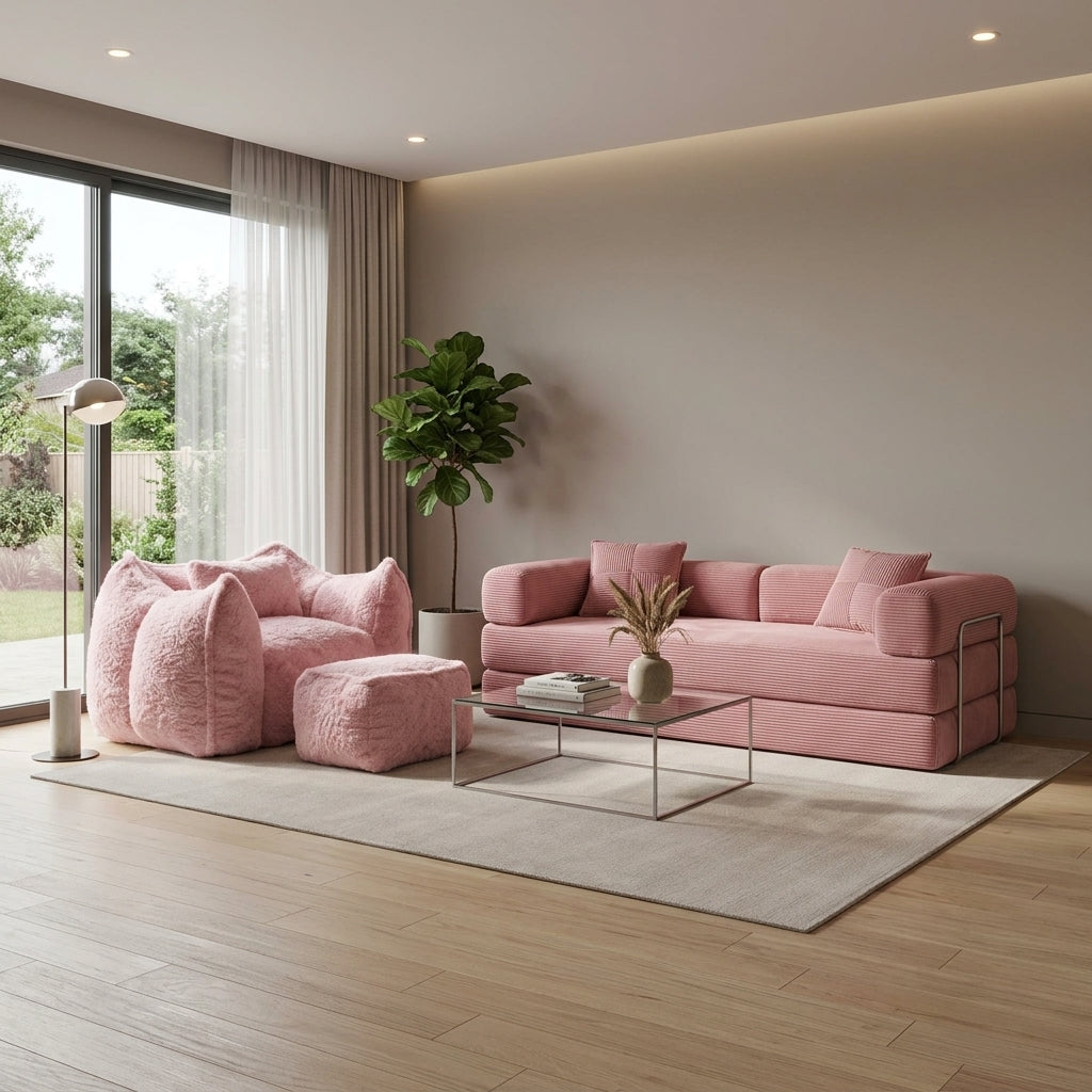 Fauteuil 1 place en fourrure rose avec repose-pied assorti