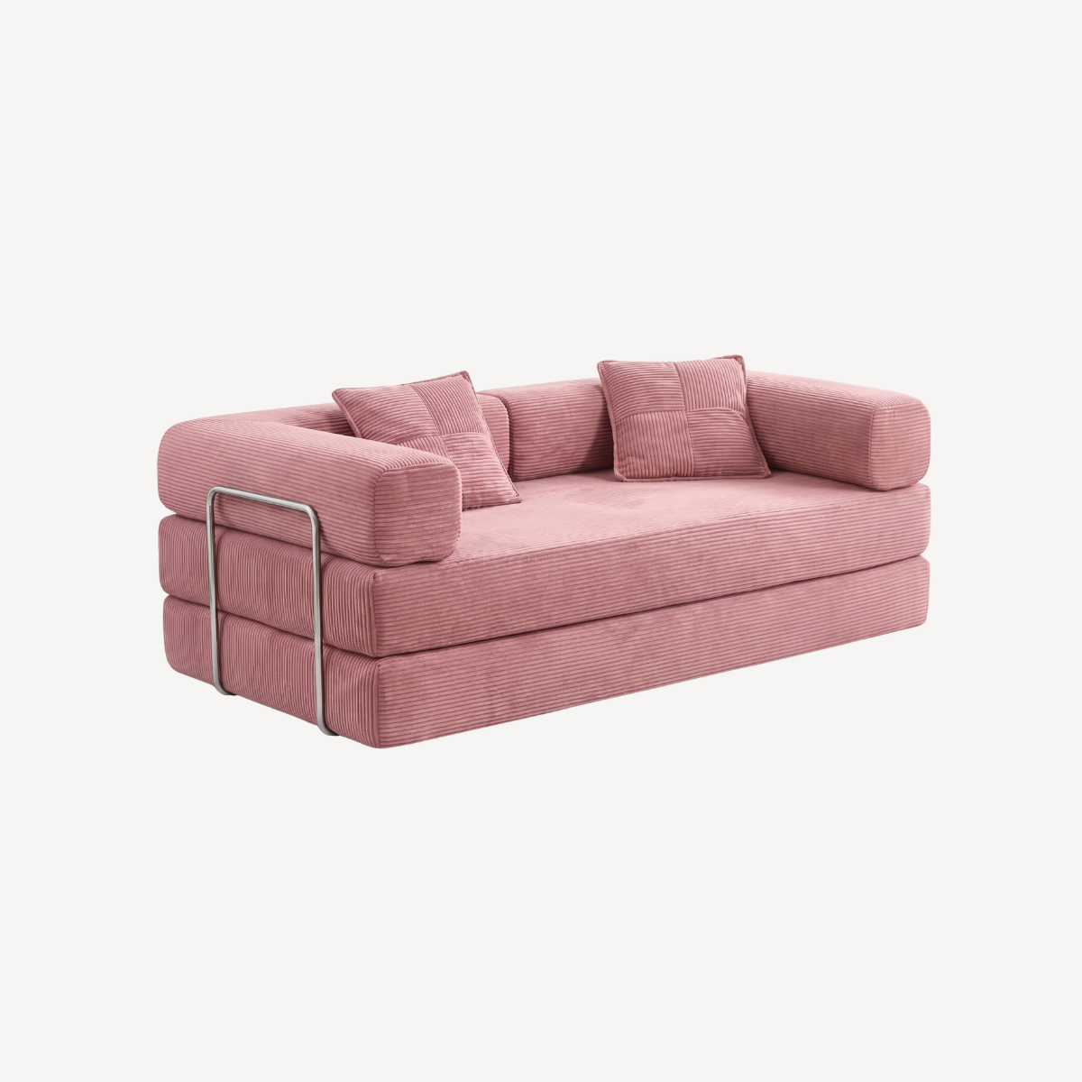 Canapé rose en velours côtelé, deux places, assises modulables avec dossiers et accoudoirs