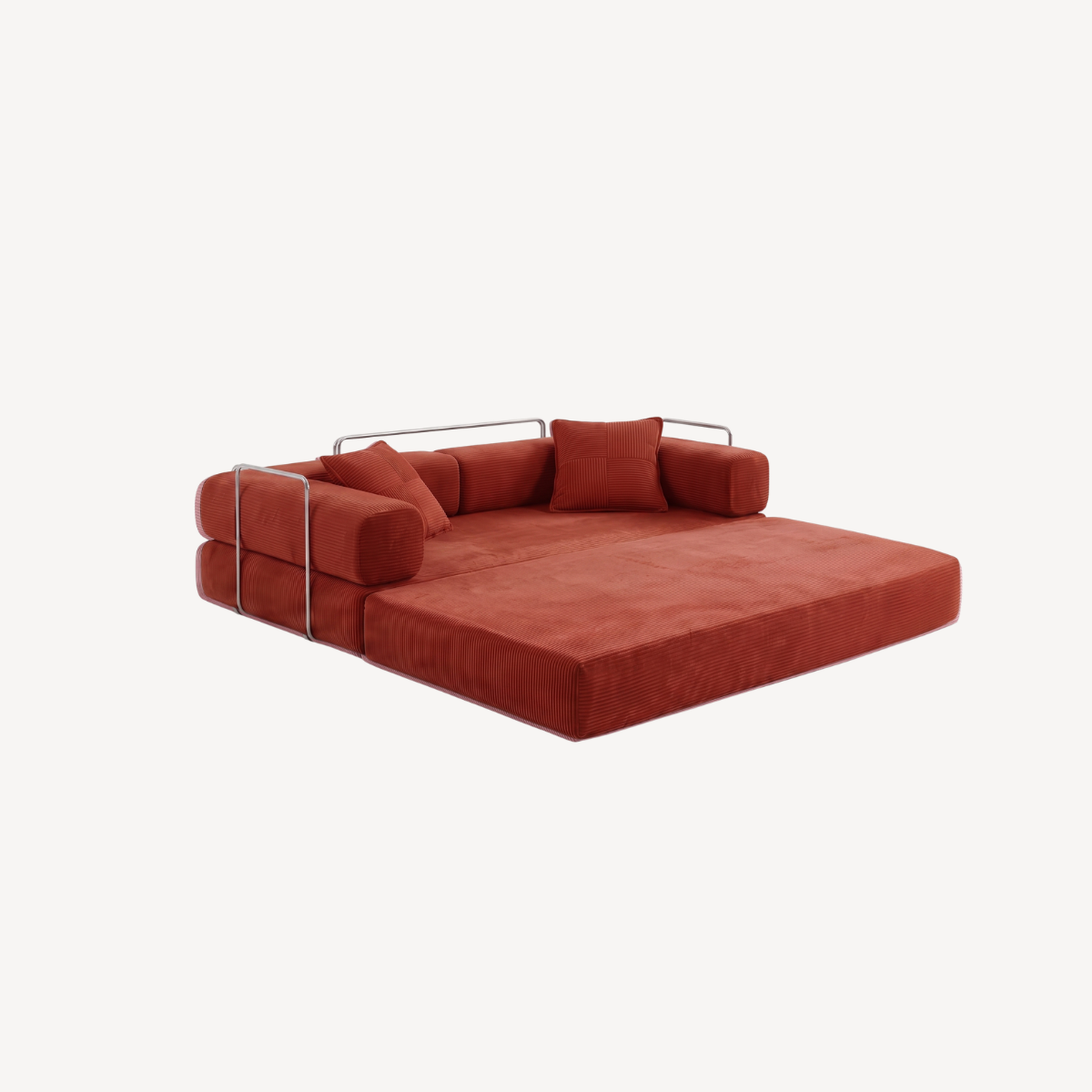 Banquette convertie en couchage, velours côtelé rouge brique, coussins et poignées