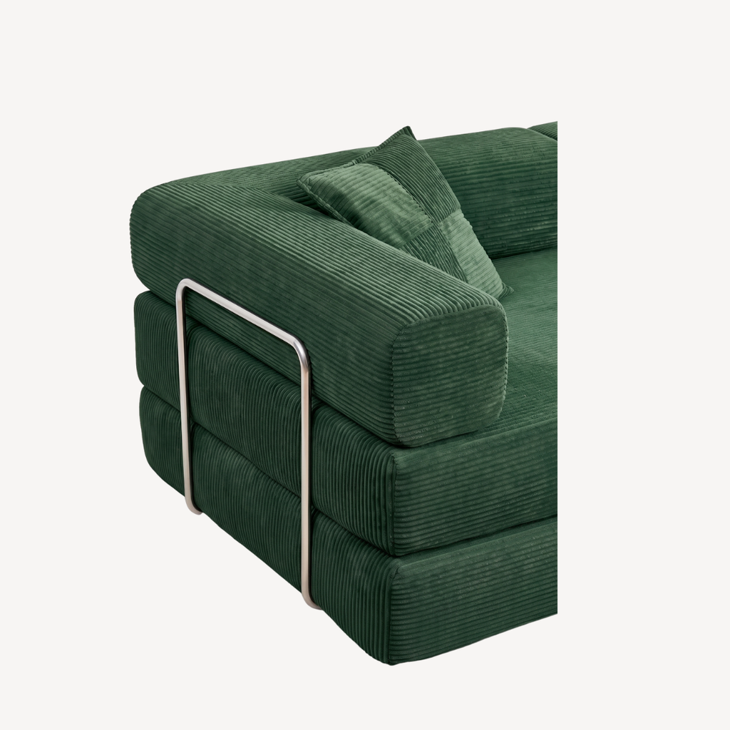 Canapé 2 places vert foncé en velours côtelé, accoudoir métal rectangulaire, coussins