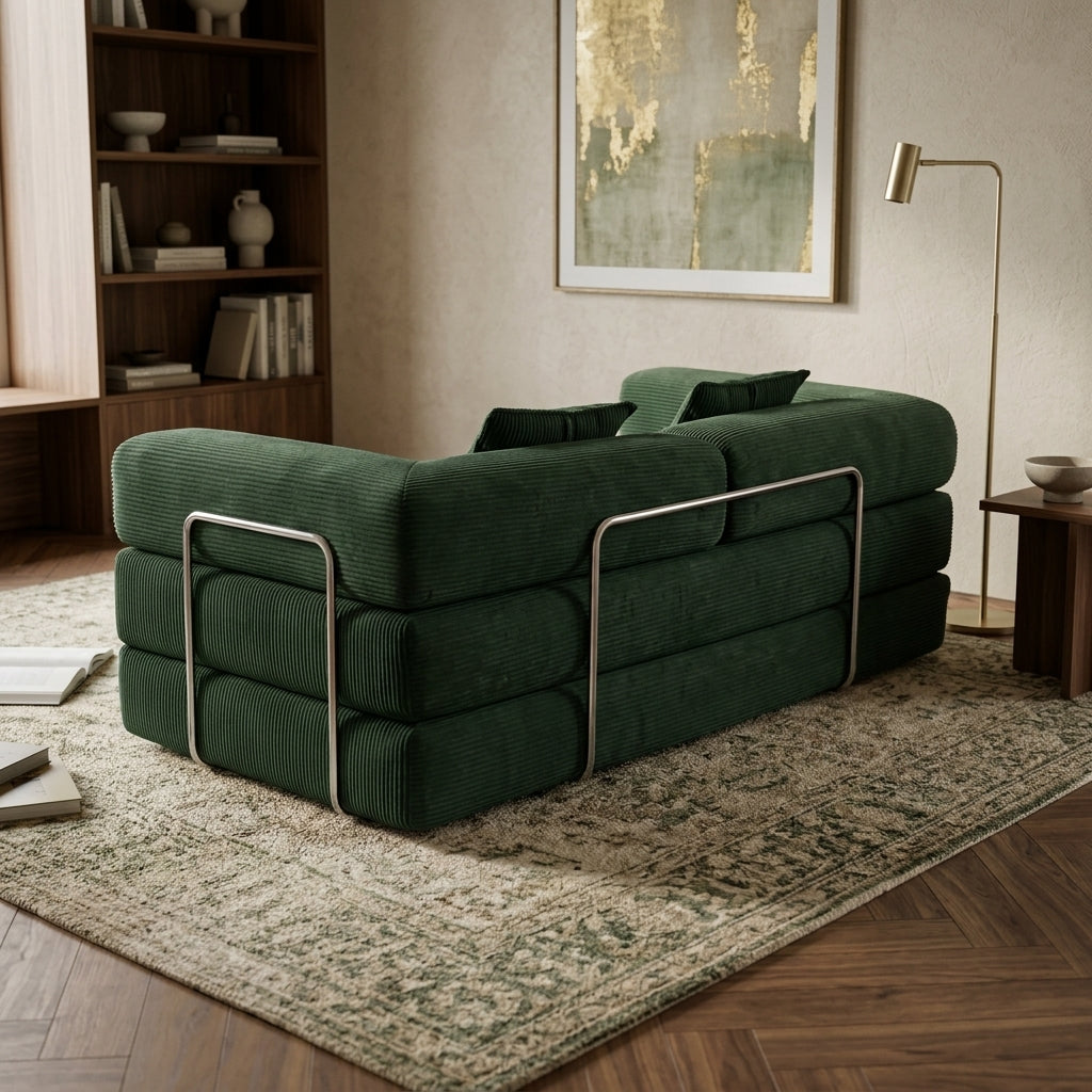 Canapé 2 places vert foncé en velours côtelé, grande assise, accoudoirs métal