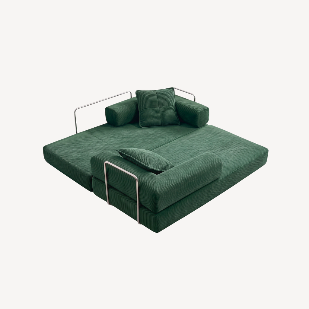 Canapé 2 places vert foncé en velours côtelé, cadre métal et coussins d’assise