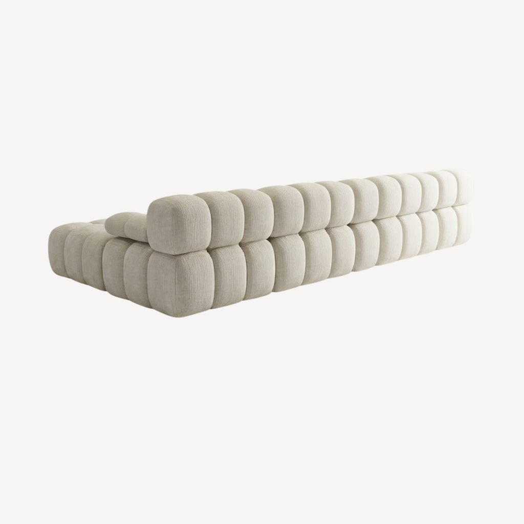 Canapé en U modulable en chenille blanc, coussins capitonnés, accoudoirs arrondis