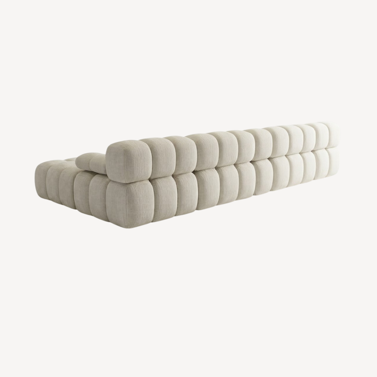 Canapé en U modulable en chenille blanc, coussins capitonnés, accoudoirs arrondis