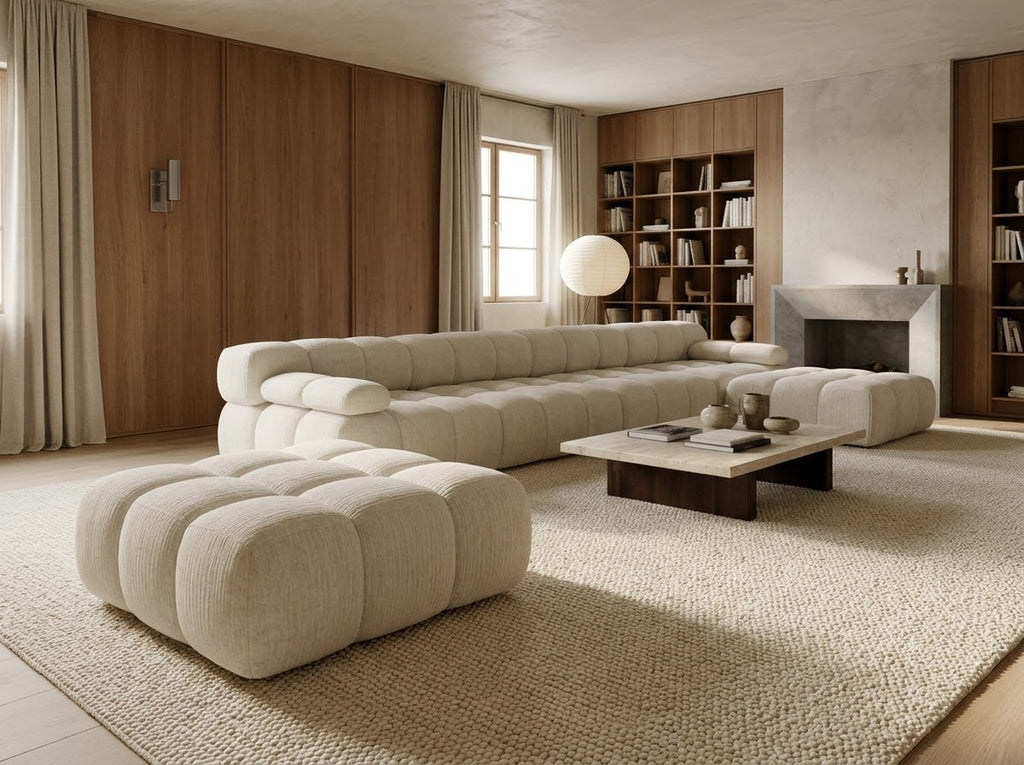 Canapé en U modulaire en chenille blanc, structure basse avec accoudoirs arrondis