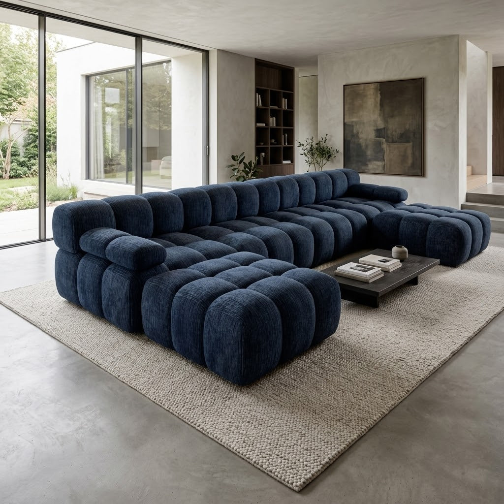 Canapé en U modulaire en chenille bleu nuit, assises larges et contours moelleux