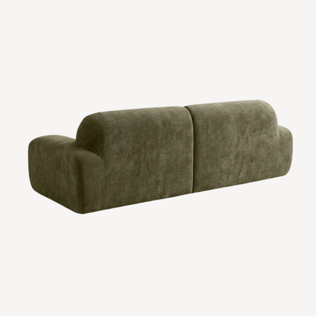 Canapé 3 places en chenille vert olive, dossier et accoudoirs arrondis, assise en 3 blocs