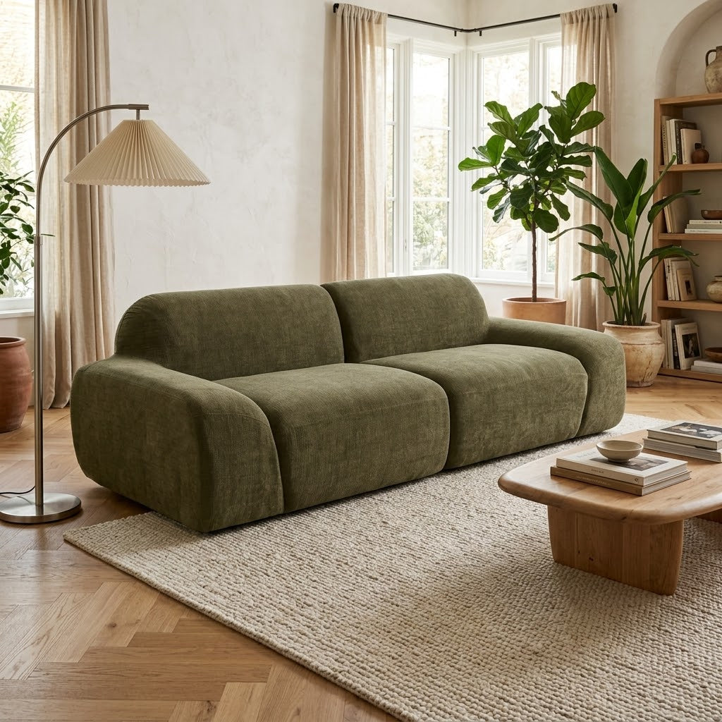 Canapé 3 places en chenille vert olive, assise décomposée en 3 coussins, dossier haut