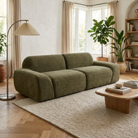 Canapé 3 places en chenille vert olive, assise décomposée en 3 coussins, dossier haut