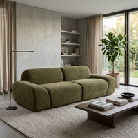 Canapé 3 places en chenille vert olive, dossier capitonné, accoudoirs épais et assise