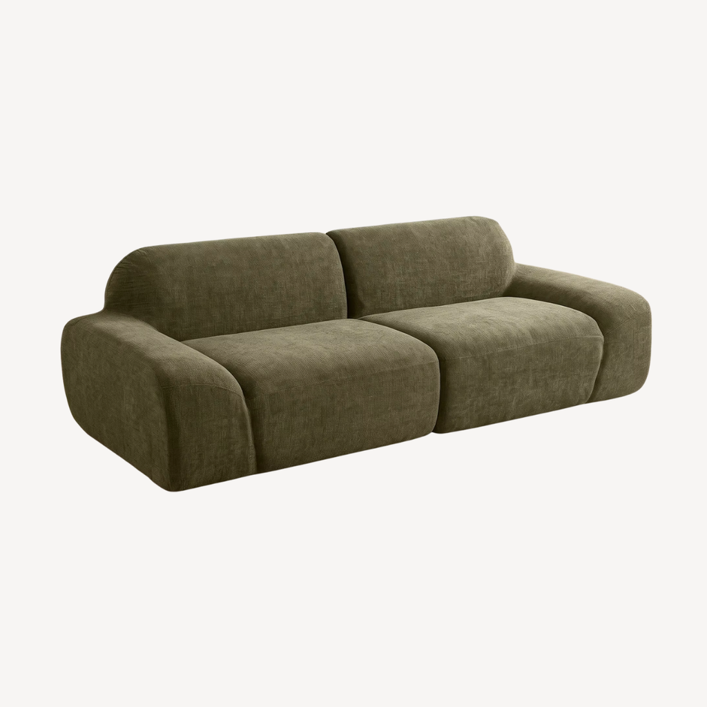 Canapé 3 places en chenille vert olive, face avant avec deux modules d’assise séparés