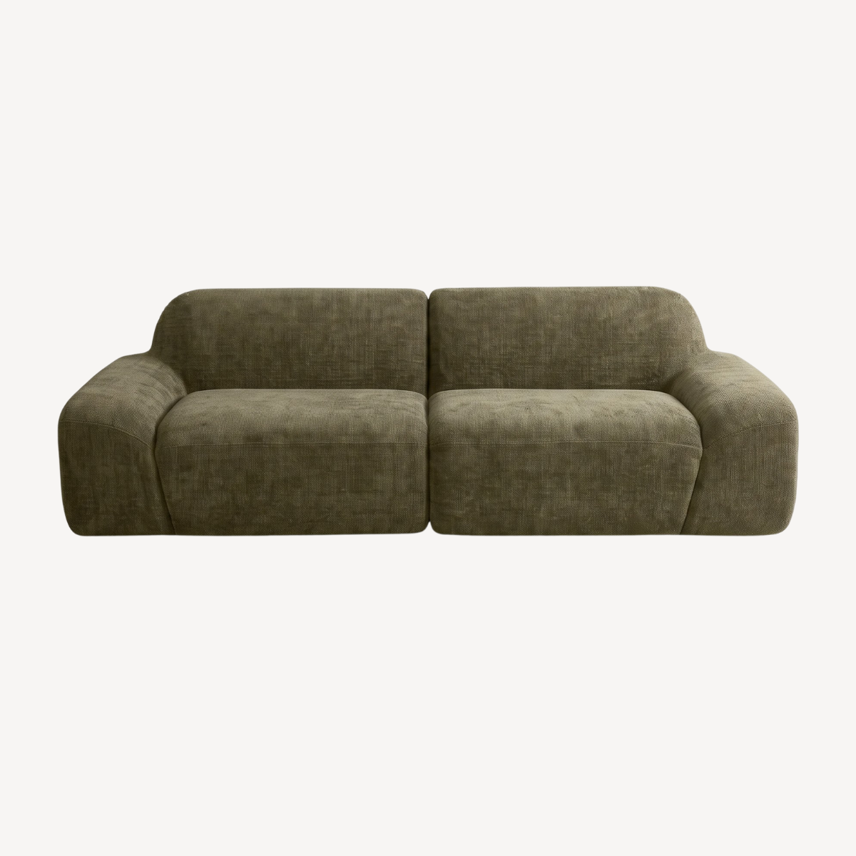 Canapé 3 places en chenille vert olive, vue de face avec assise en 2 blocs et 1 centrale