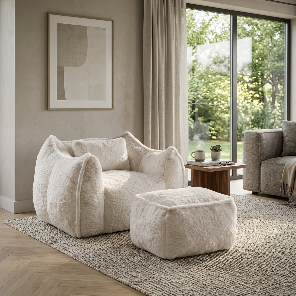 Fauteuil cocon en fourrure blanche 1 place avec repose-pied, assise enveloppante.