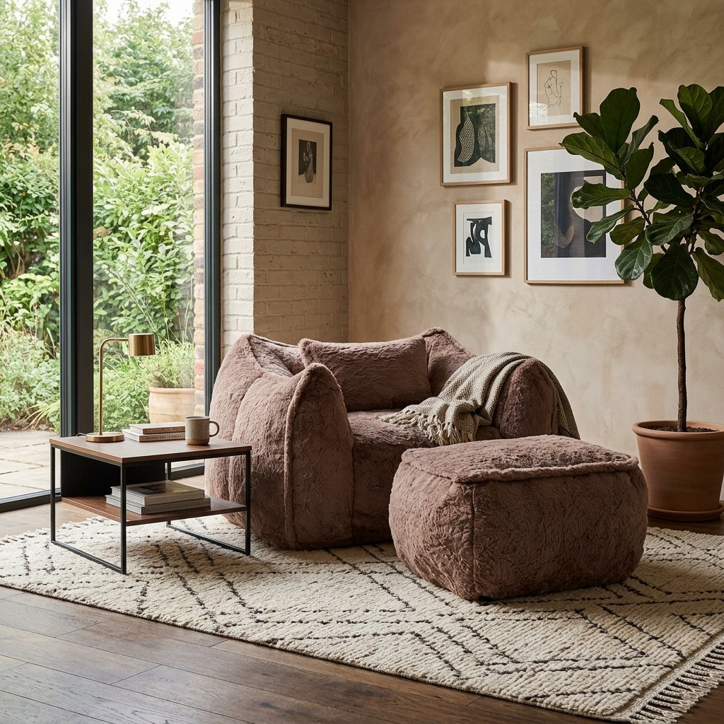 Fauteuil compressé en fourrure rosée avec repose-pied assorti.