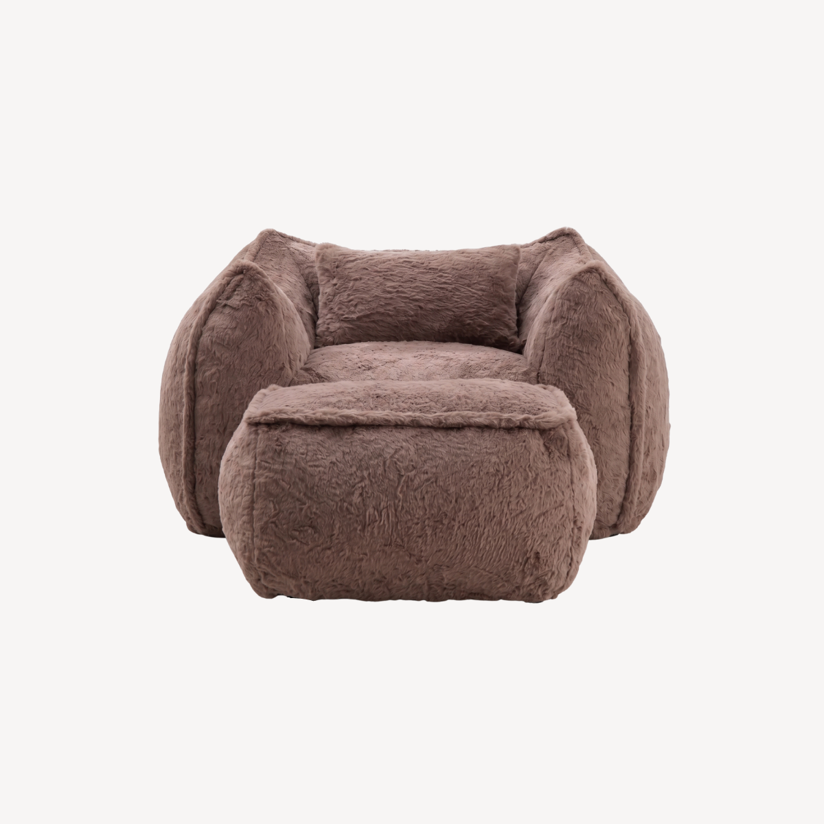 Fauteuil 1 place en fourrure marron avec repose-pied, vue de face