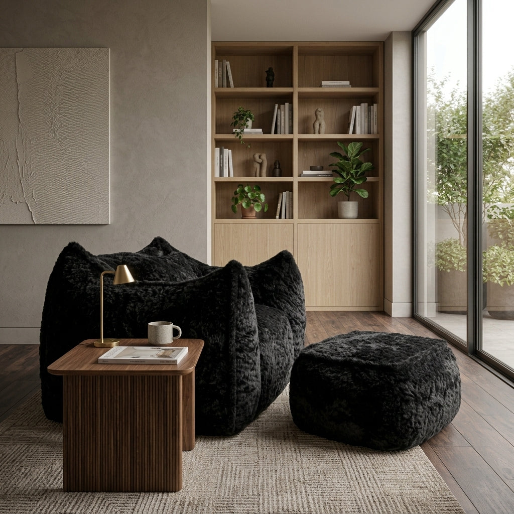 Fauteuil compressé 1 place en fourrure noire avec repose-pied, dossier arrondi.