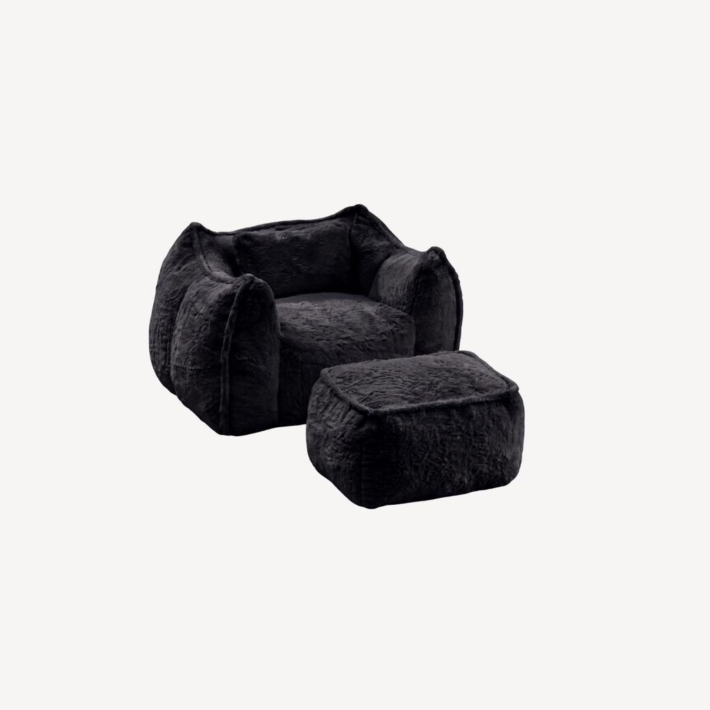 Fauteuil 1 place en fourrure noire avec repose-pied assorti