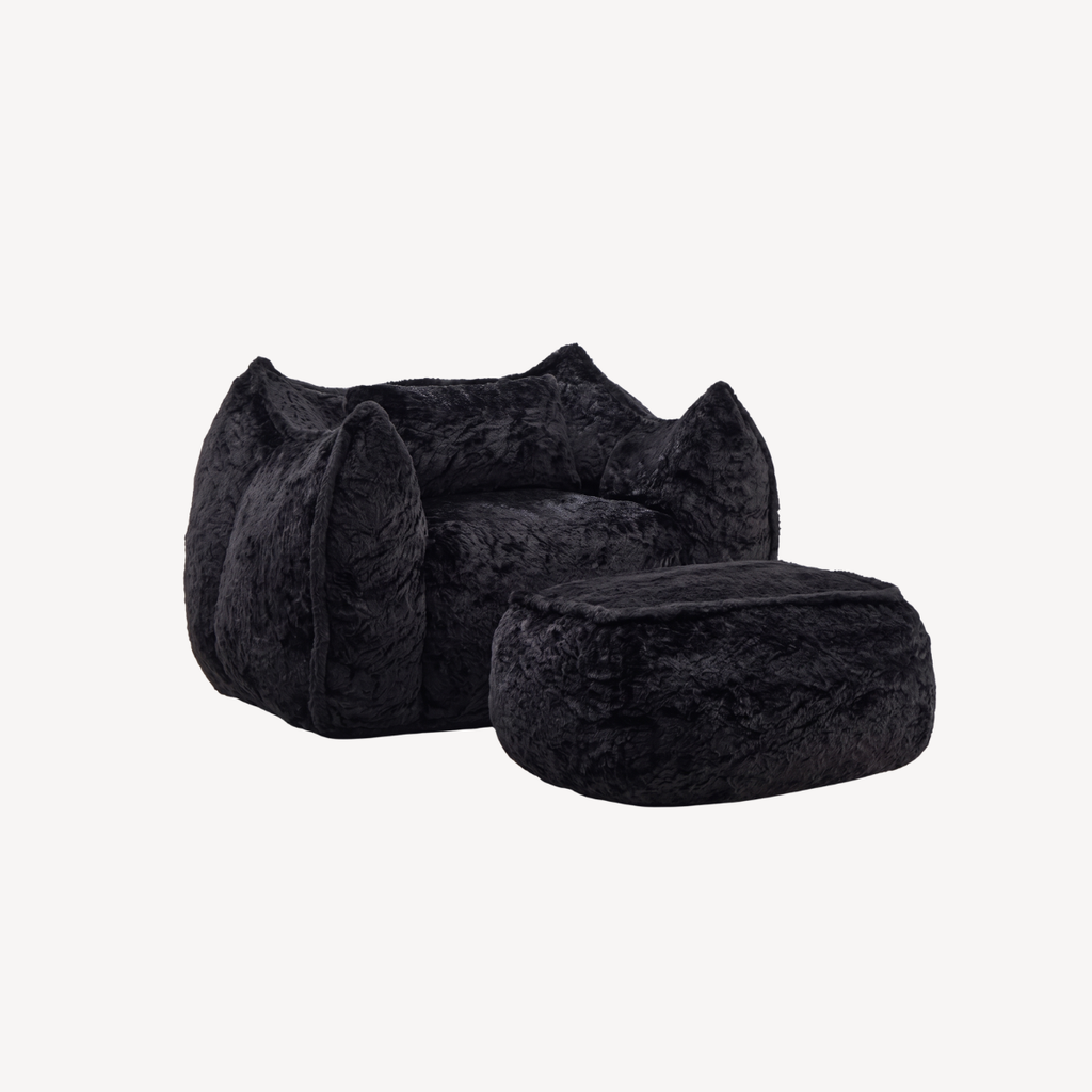Fauteuil 1 place en fourrure noire et repose-pied rectangulaire