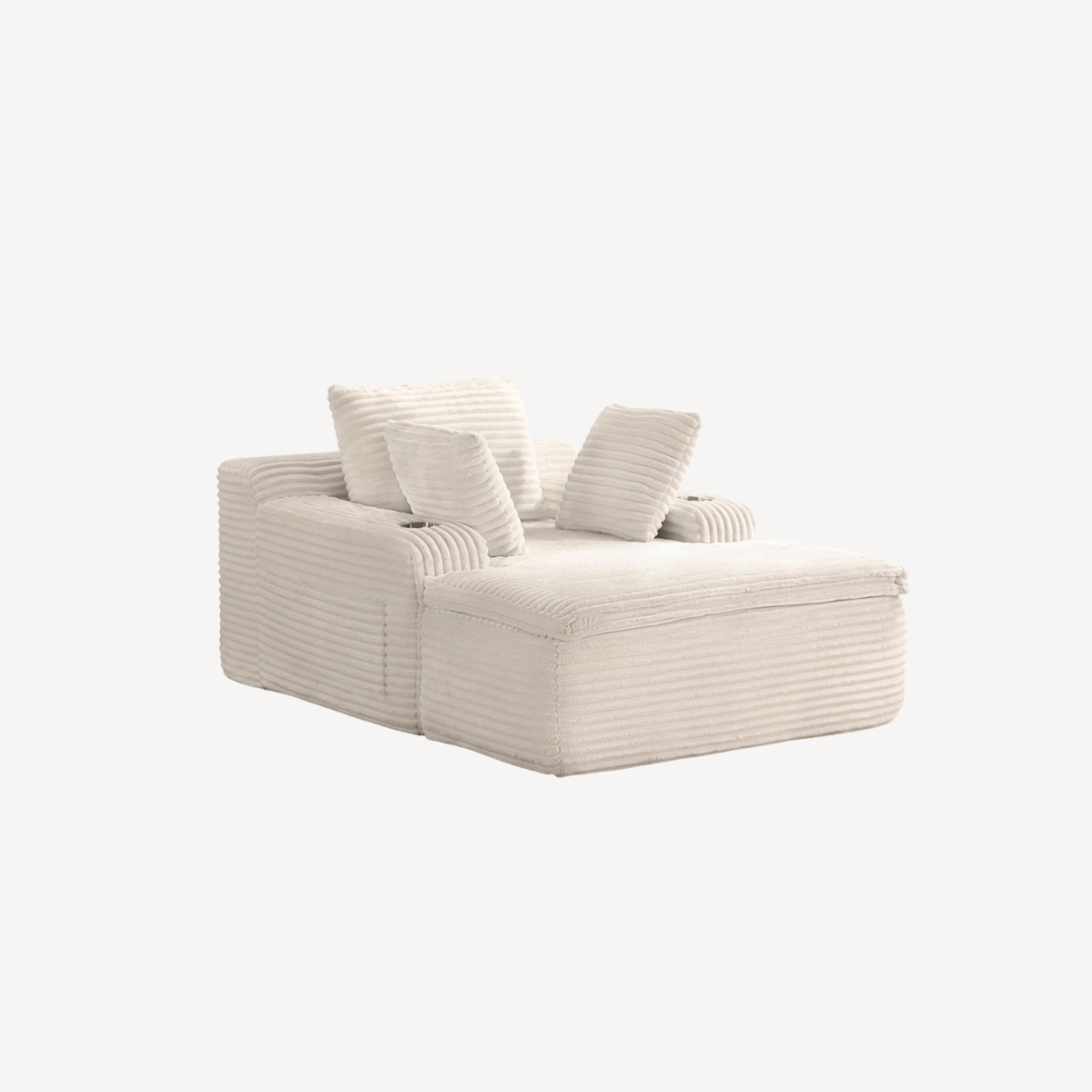 Fauteuil compressé 1 place en velours côtelé blanc, vue 3/4 avec coussins d’appoint.