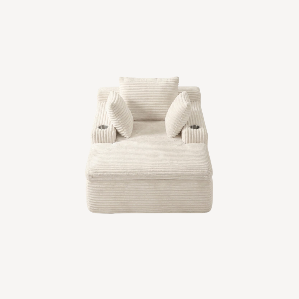 Fauteuil compressé 1 place en velours côtelé blanc, coussins de tête et accoudoirs.