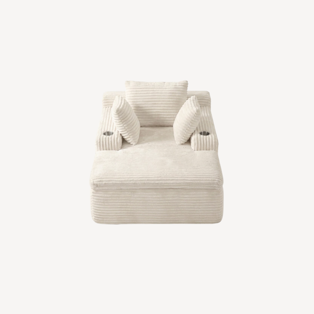 Fauteuil compressé 1 place en velours côtelé blanc, coussins de tête et accoudoirs.