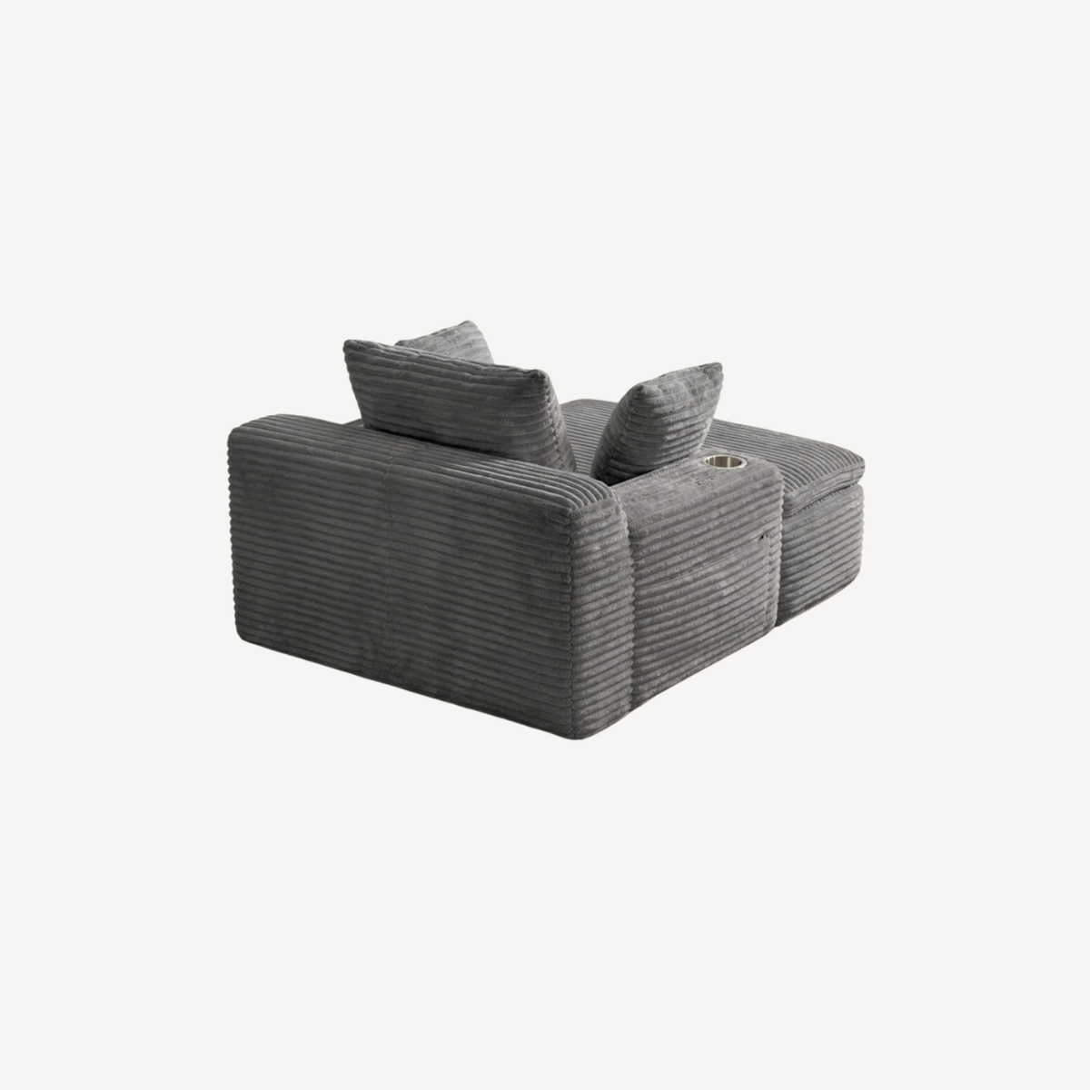 Fauteuil compressé 1 place en velours côtelé gris ardoise, vue latérale.