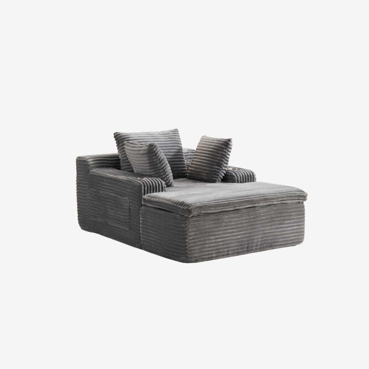Fauteuil compressé 1 place en velours côtelé gris foncé, vue latérale avec coussins.
