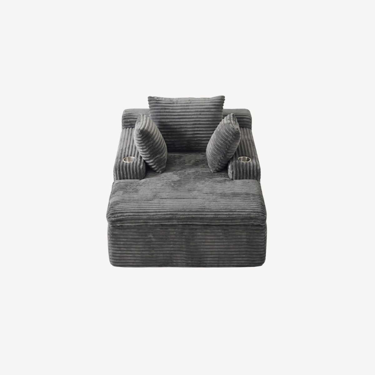 Fauteuil compressé 1 place en velours côtelé gris, face avant avec coussins roulés.