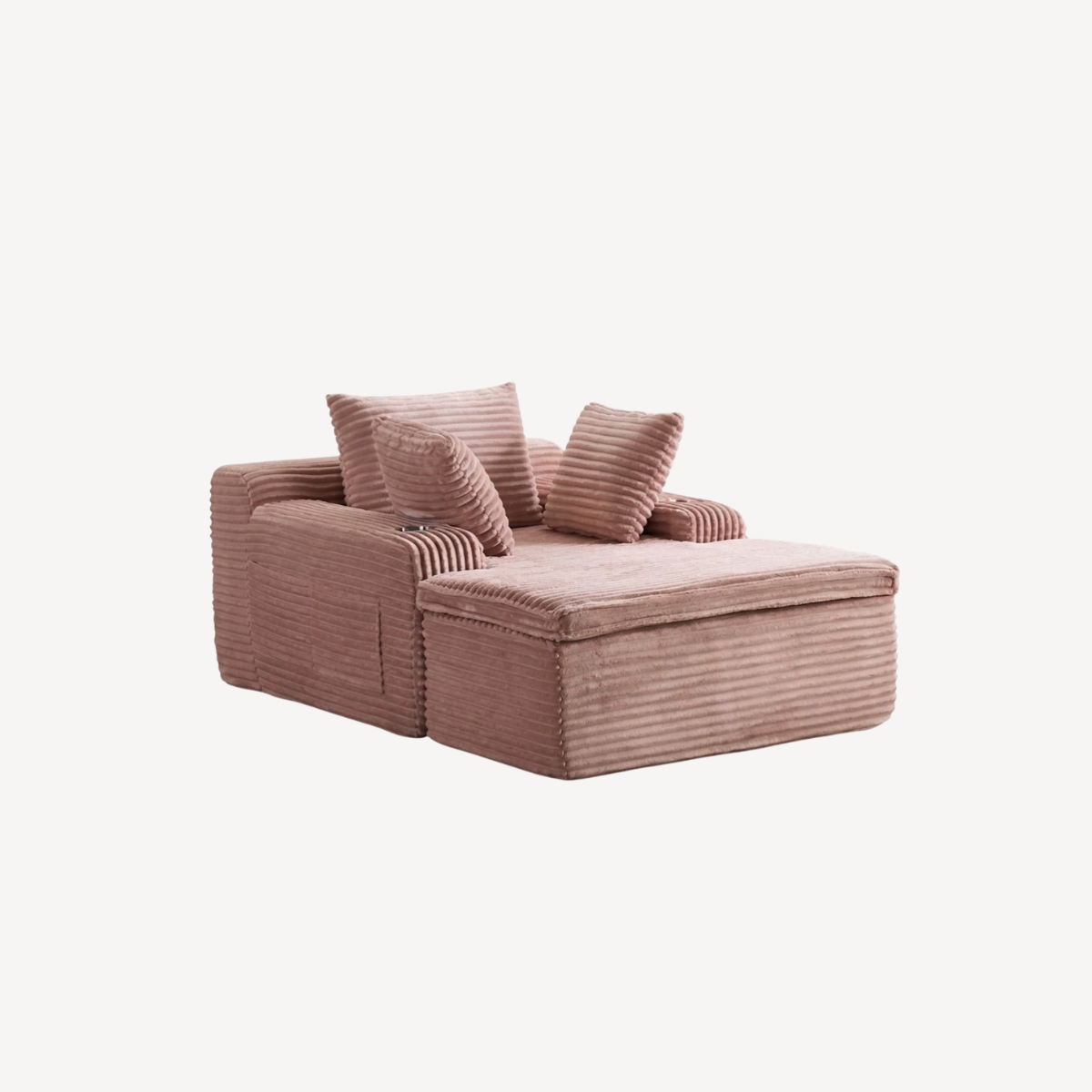 Fauteuil 1 place en velours côtelé rose, dossier et assise avec surpiqûres visibles