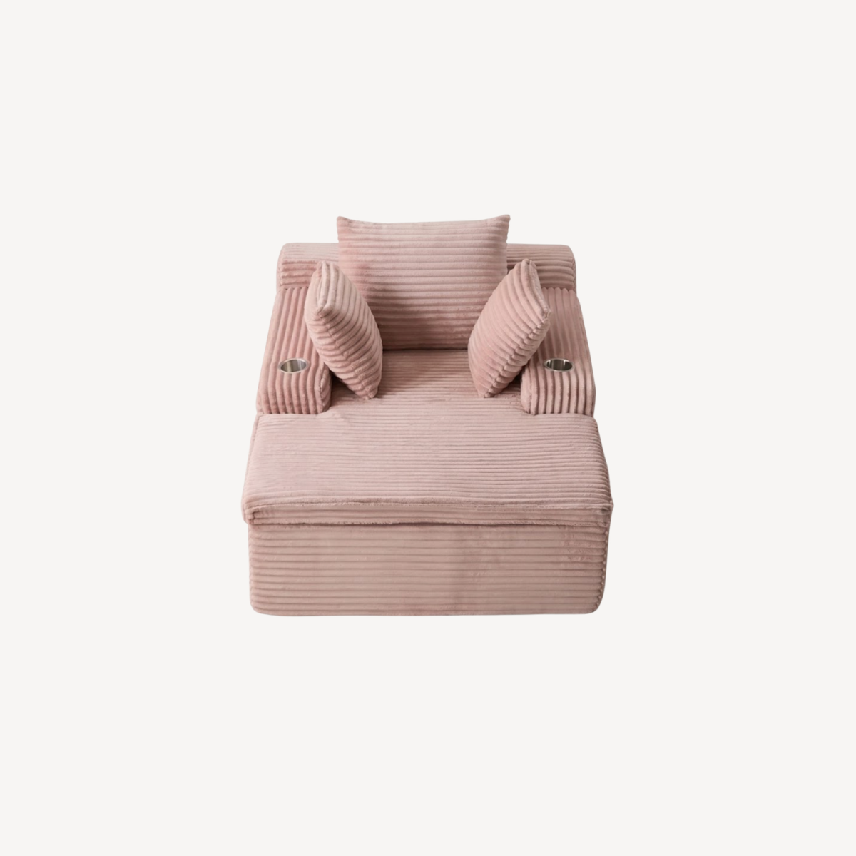 Fauteuil 1 place en velours côtelé rose, accoudoirs rembourrés et coussins décoratifs
