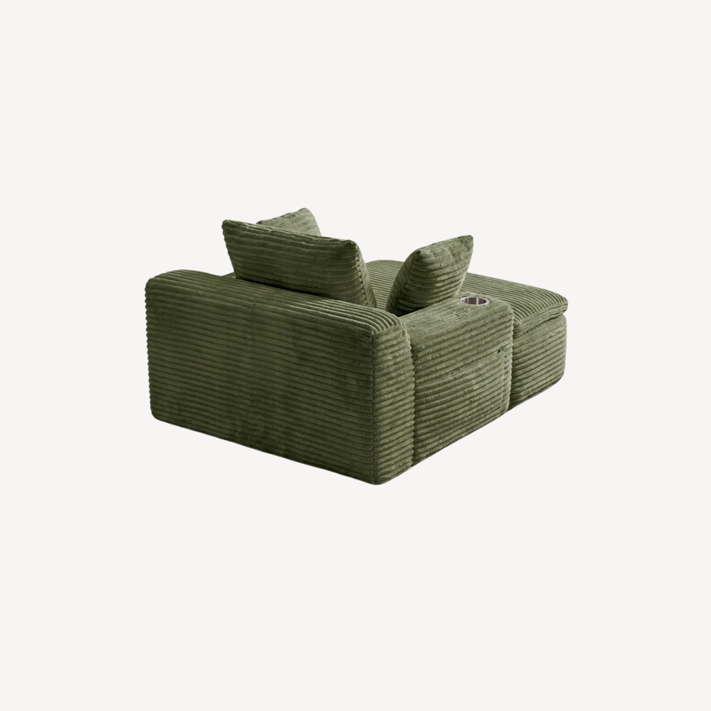 Fauteuil 1 place en velours côtelé vert olive, angle vue de côté avec coussins