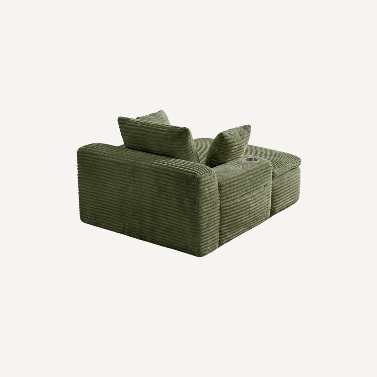 Fauteuil 1 place en velours côtelé vert olive, angle vue de côté avec coussins