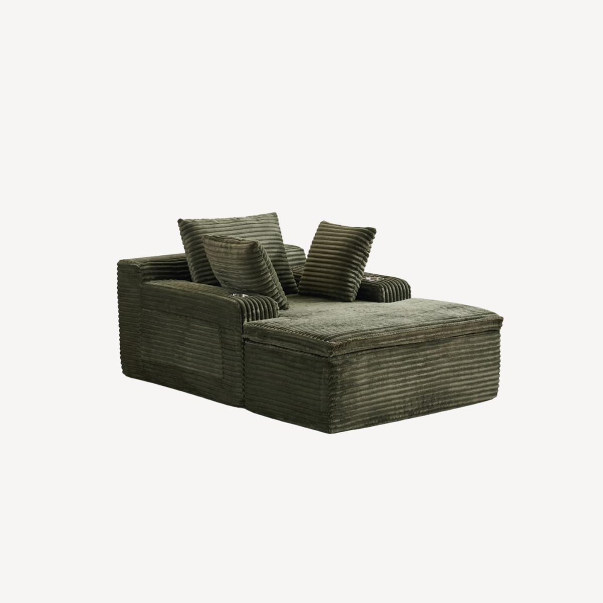 Fauteuil 1 place en velours côtelé vert olive, accoudoirs larges et coussins texturés
