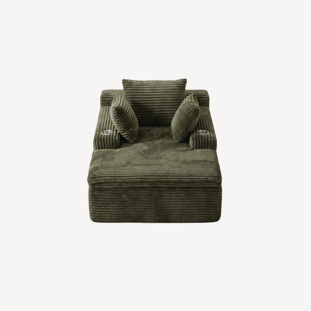 Fauteuil 1 place en velours côtelé vert olive, dossier rembourré et coussins inclinés