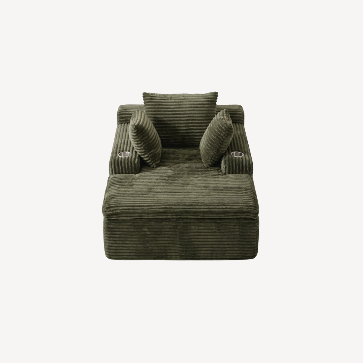 Fauteuil 1 place en velours côtelé vert olive, dossier rembourré et coussins inclinés