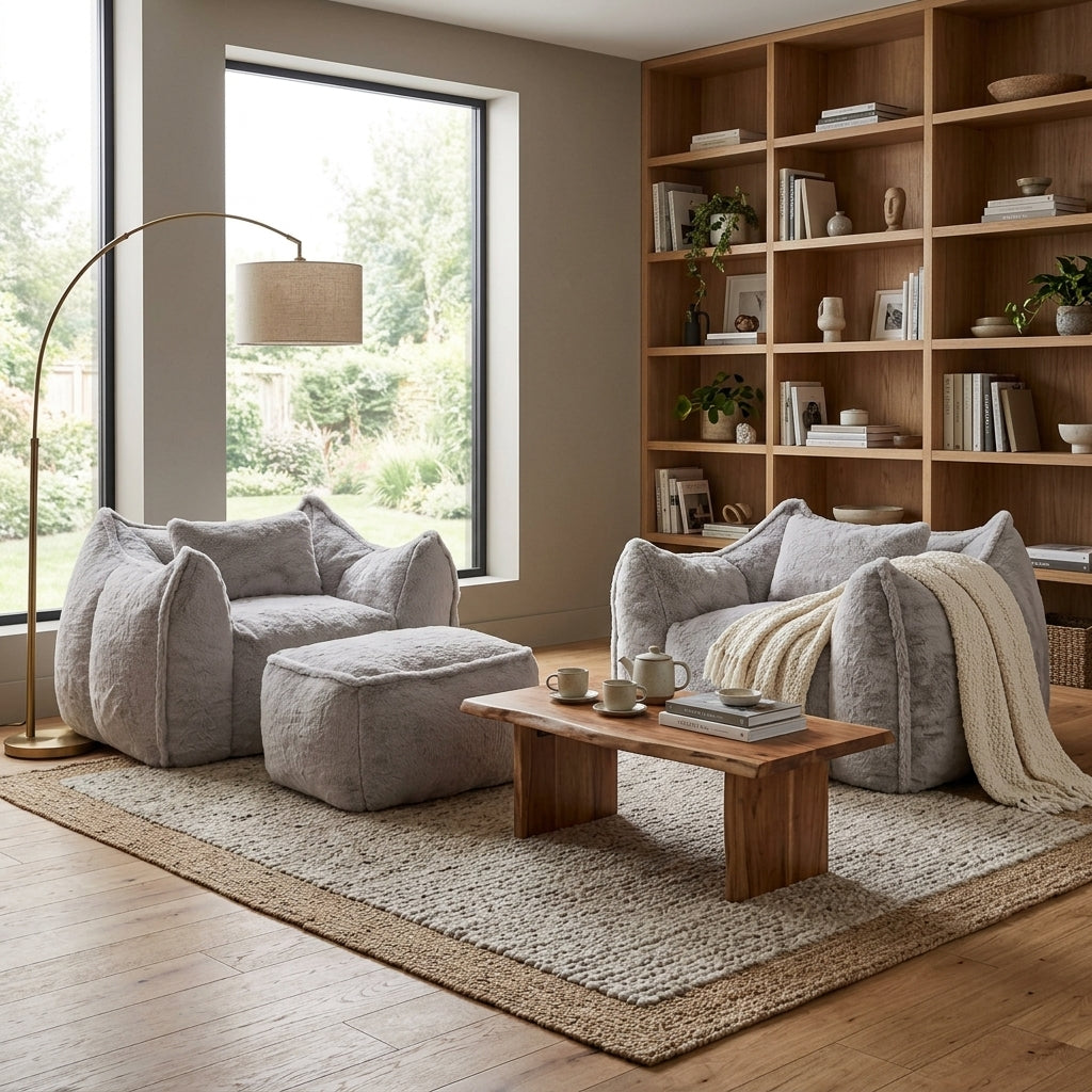 Fauteuil en fourrure gris clair et repose-pied, dossier et accoudoirs arrondis. Image