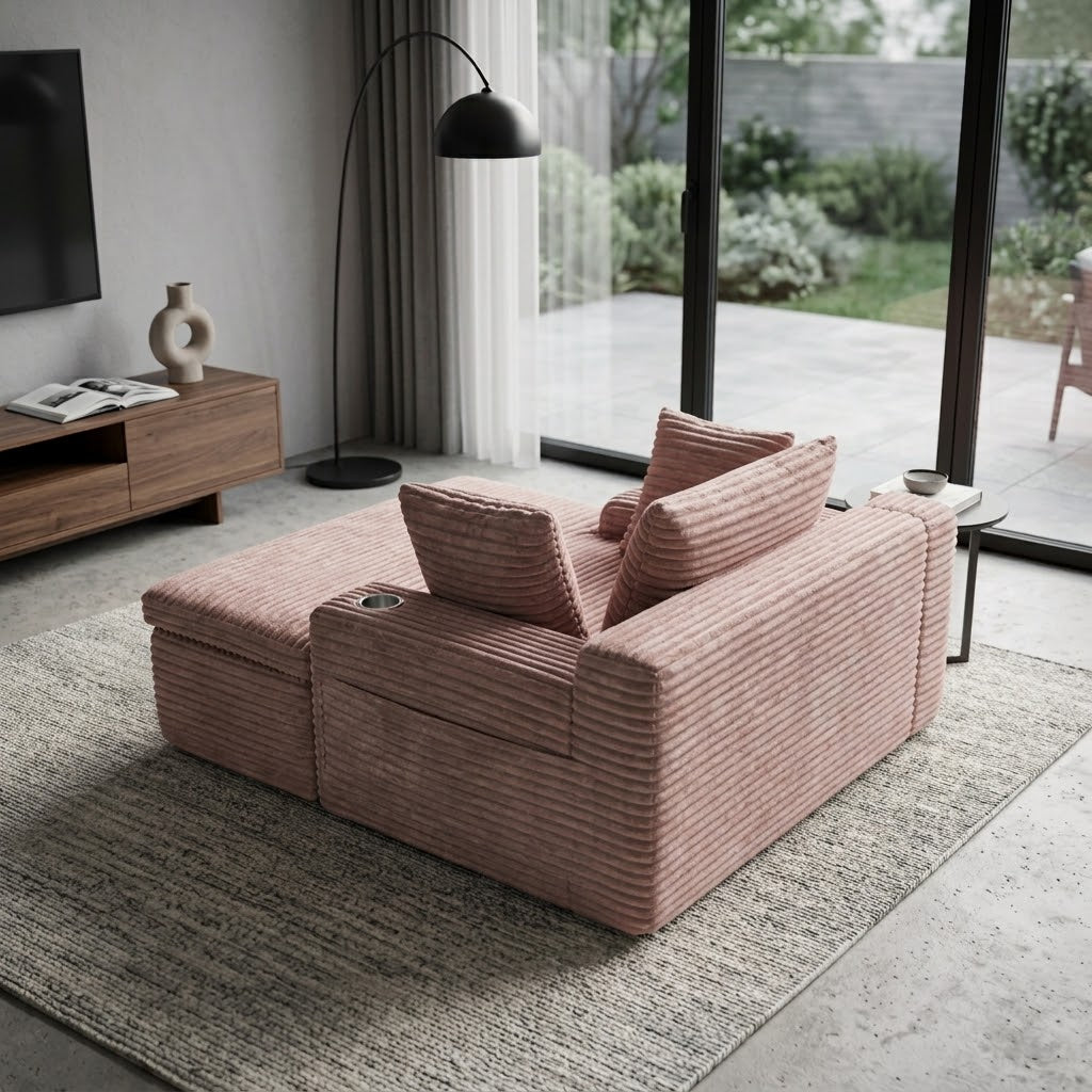 Fauteuil compressé 1 place en velours côtelé rose, dossier et coussins intégrés.