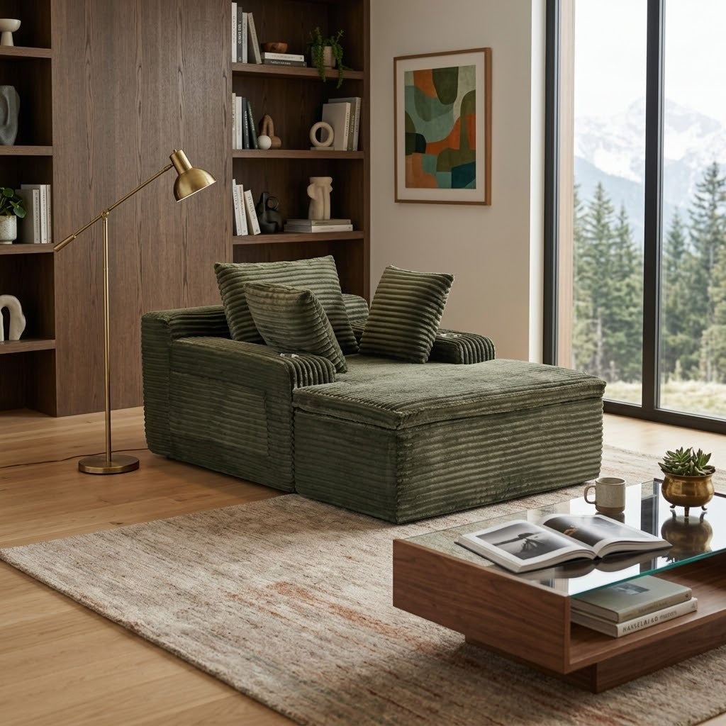 Fauteuil 1 place en velours côtelé vert olive, assise épaisse et coussins décoratifs