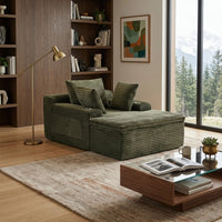 Fauteuil 1 place en velours côtelé vert olive, assise épaisse et coussins décoratifs