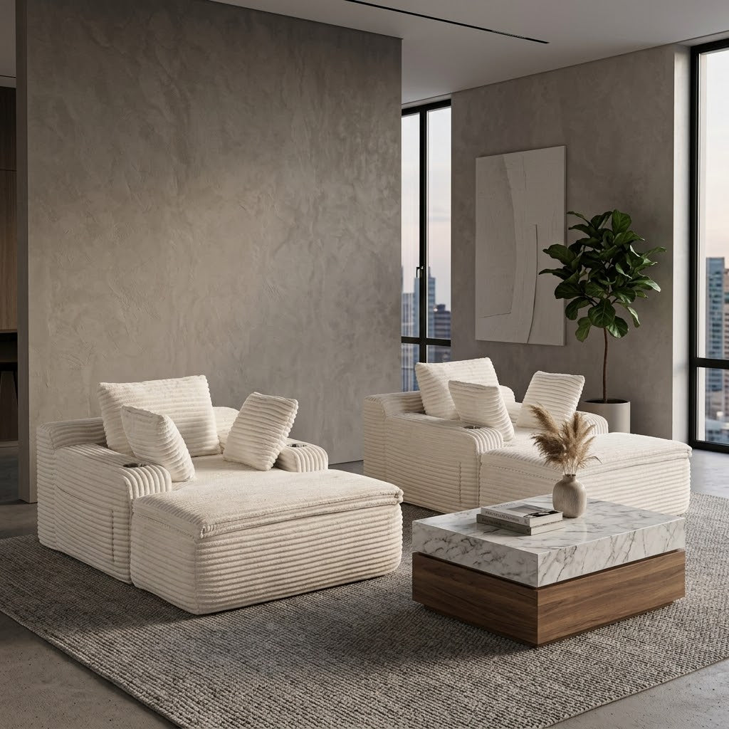 Fauteuil compressé 1 place en velours côtelé blanc, coussins de dossier et accoudoirs.