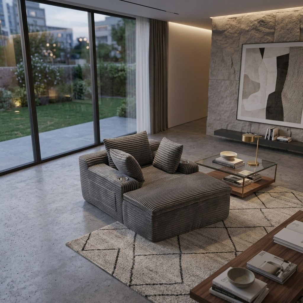 Fauteuil 1 place en velours côtelé gris ardoise, dossier rembourré et coussins assortis