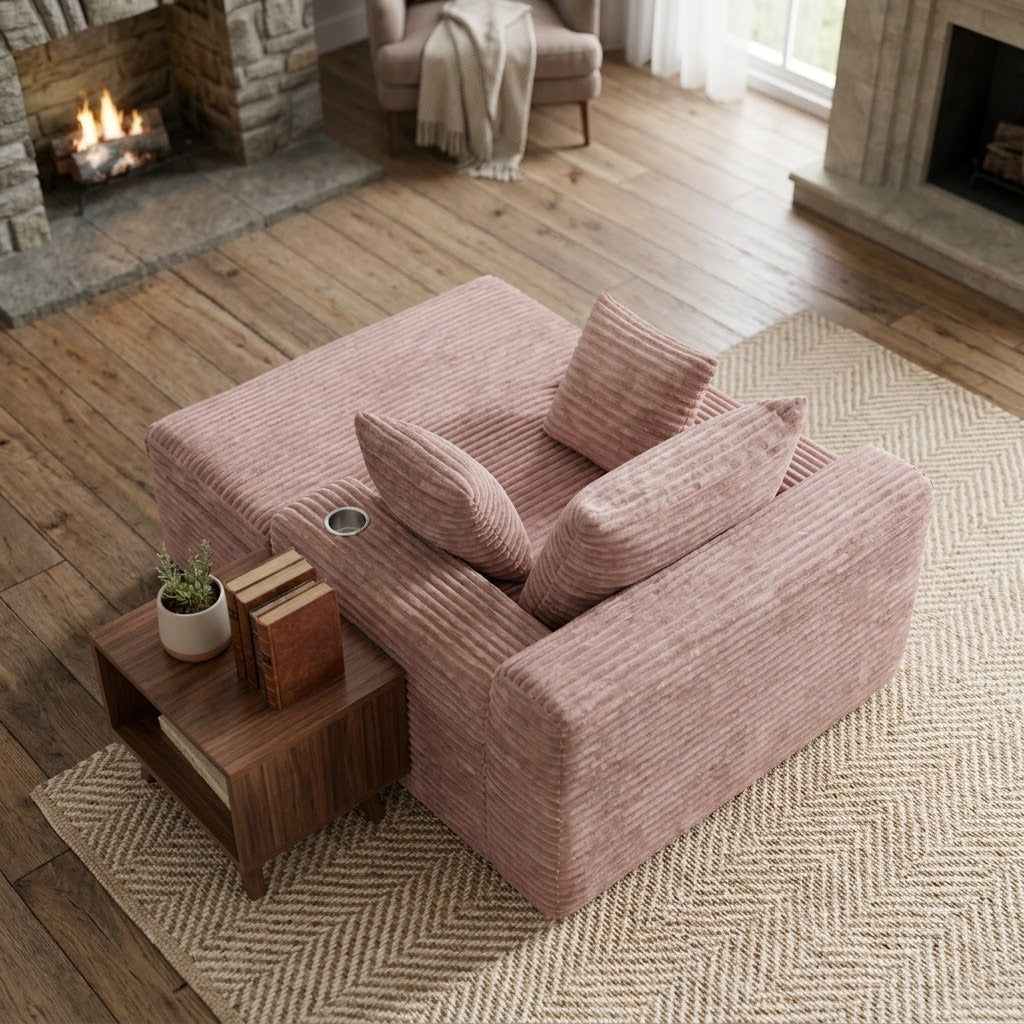 Fauteuil compressé 1 place en velours côtelé rose, assise longue et coussins de dossier.