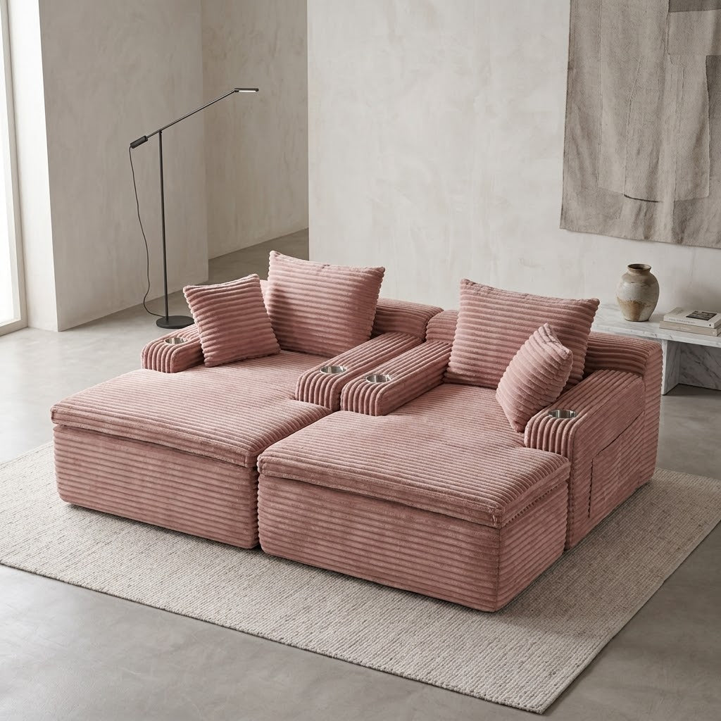 Fauteuil compressé 1 place en velours côtelé rose, vue de face avec coussins et accoudoirs.