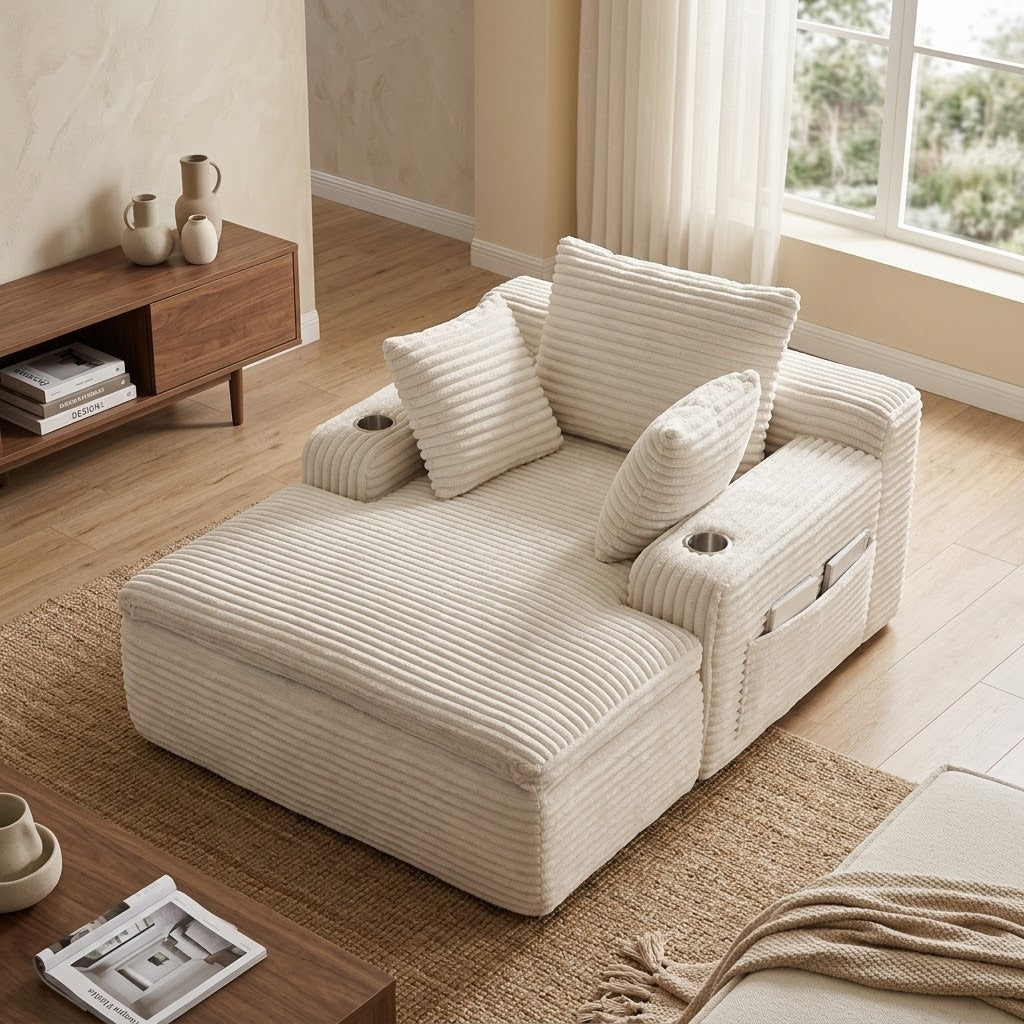 Fauteuil compressé 1 place en velours côtelé blanc, accoudoirs rembourrés et coussins.