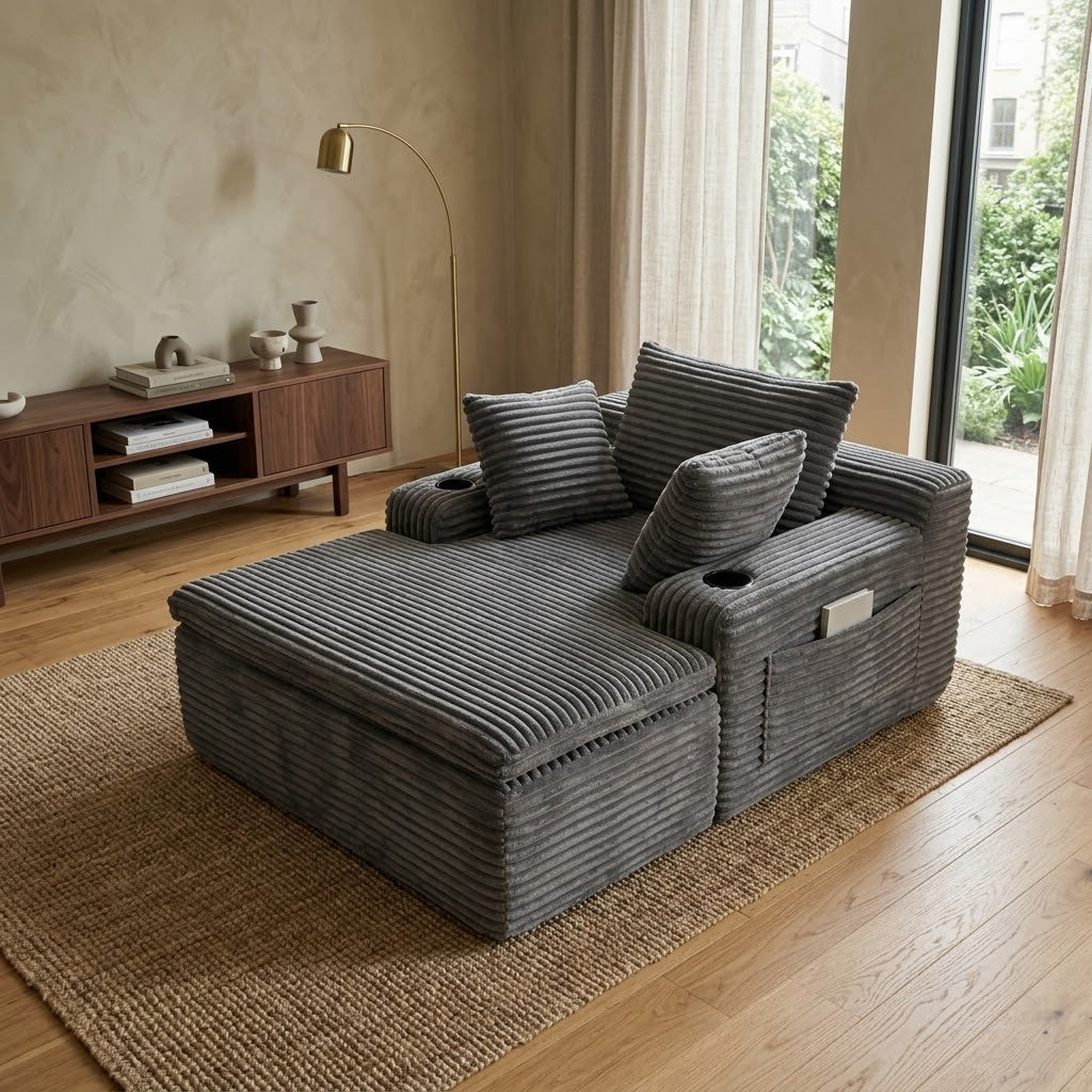 Fauteuil compressé 1 place en velours côtelé gris ardoise, coussins d’appui et accoudoirs.
