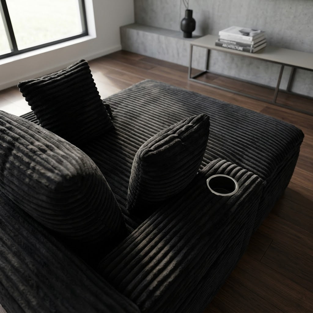 Fauteuil 1 place en velours côtelé noir, dossier capitonné et coussins rayés