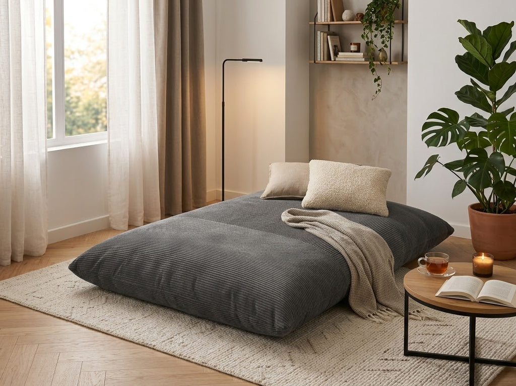 Pouf gris en velours côtelé compressé, assise arrondie et dossier rembourré