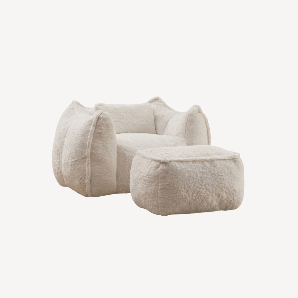 Fauteuil 1 place en fourrure beige clair avec repose-pied assorti